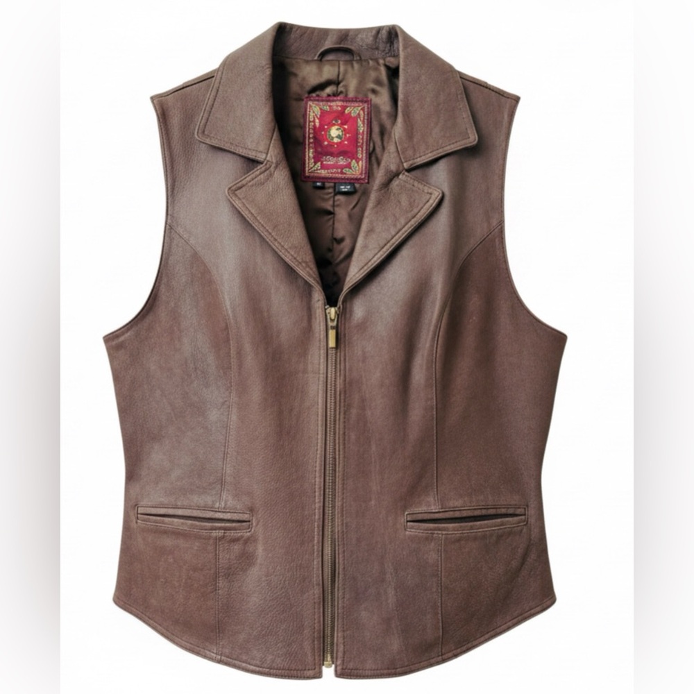 Territory Ahead Brown Genuine Leather Vest Women’s 14 Western Moto Zip Jacket